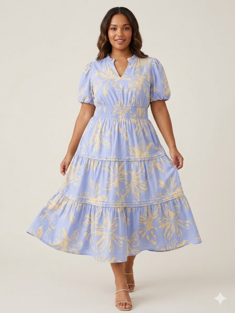Jodifl short puff Sleeve Floral Tiered Midi Dress Large